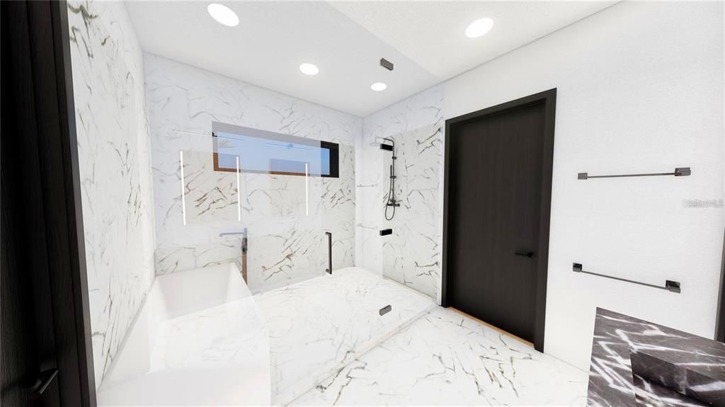 Bathroom, Interior, Marble, Marble Walls, Recessed Lighting