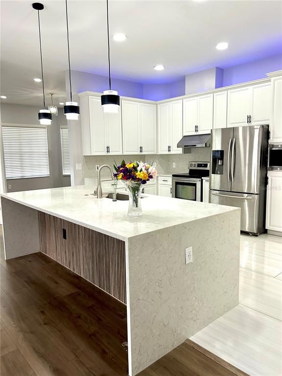 Interior, Kitchen, Pendant Lights, Recessed Lighting, Stainless Steel Appliances, Wood Texture Flooring