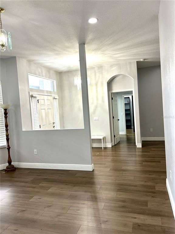 Empty room, Interior, Pendant Lights, Recessed Lighting, Wood Texture Flooring