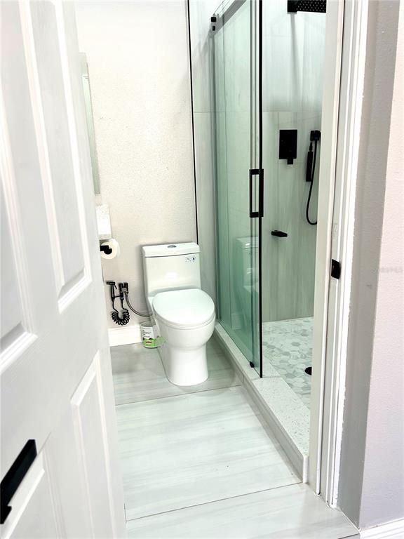 Bathroom, Glass Shower, Interior, Wood Texture Flooring