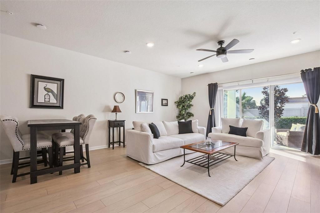 Dining room, Interior, Living room, Recessed Lighting, Wood Texture Flooring