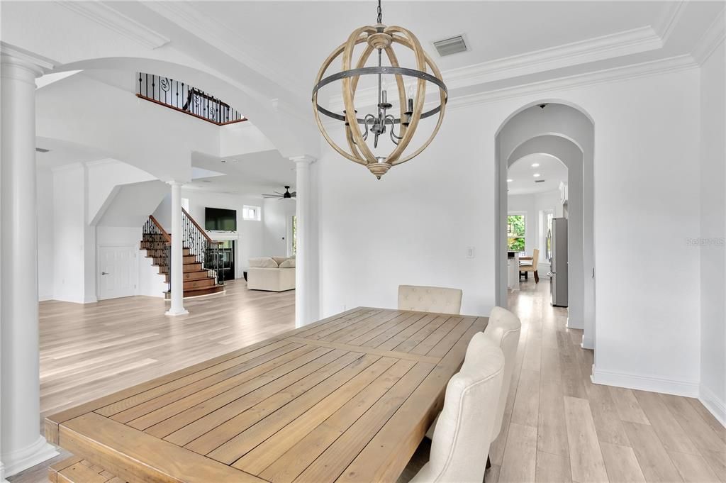 Chandelier, Dining room, Interior, Pendant Lights, Wood Texture Flooring