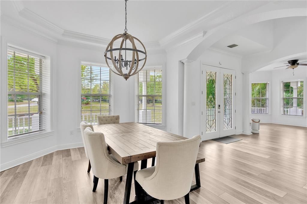 Chandelier, Dining room, Interior, Pendant Lights, Wood Texture Flooring