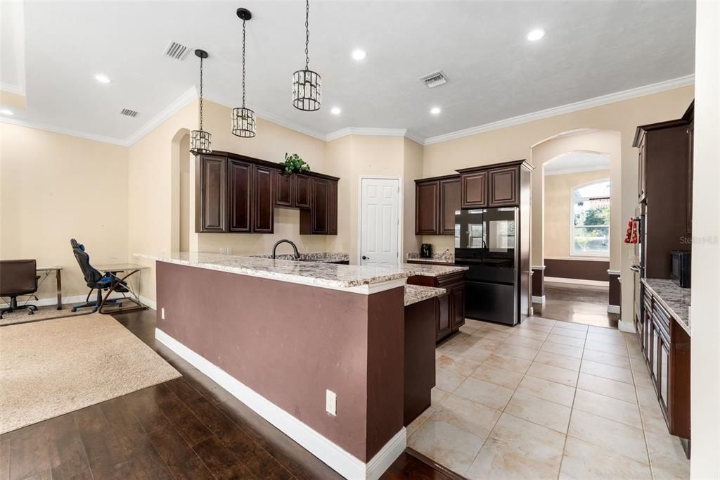 Interior, Kitchen, Pendant Lights, Recessed Lighting, Wood Texture Flooring