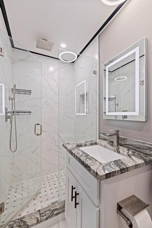 Bathroom, Glass Shower, Interior, Marble Walls, Recessed Lighting