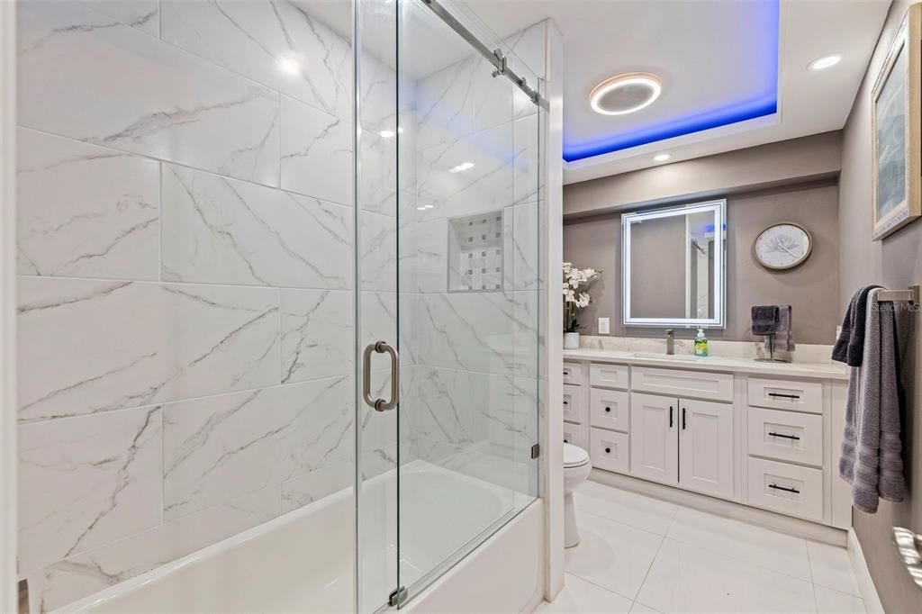 Bathroom, Glass Shower, Interior, Marble Walls, Recessed Lighting