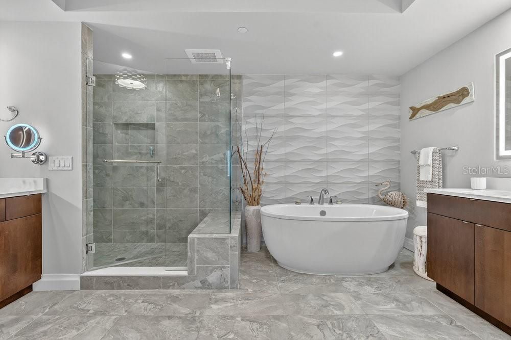 Bathroom, Free Standing Baths, Glass Shower, Interior, Recessed Lighting