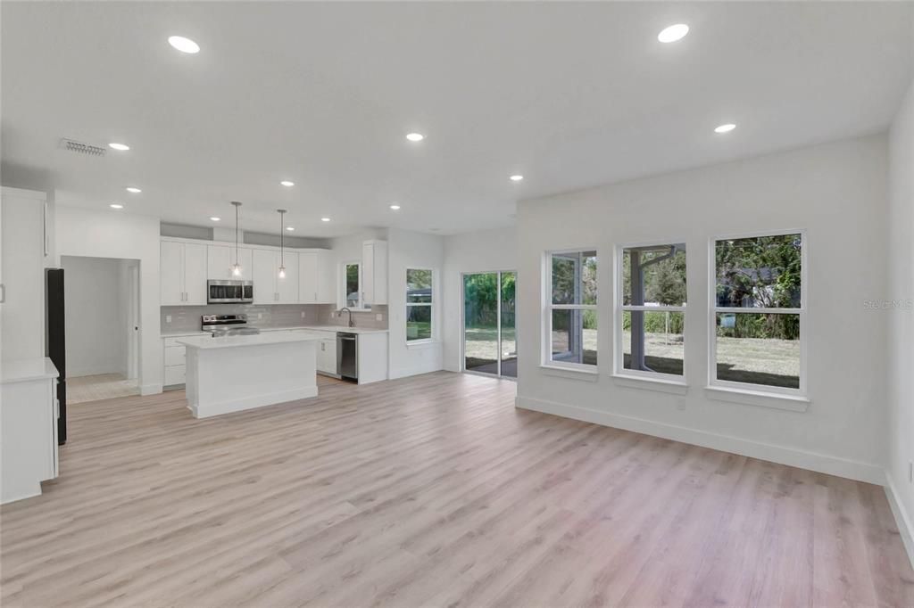 Empty room, Interior, Kitchen, Pendant Lights, Recessed Lighting, Wood Texture Flooring