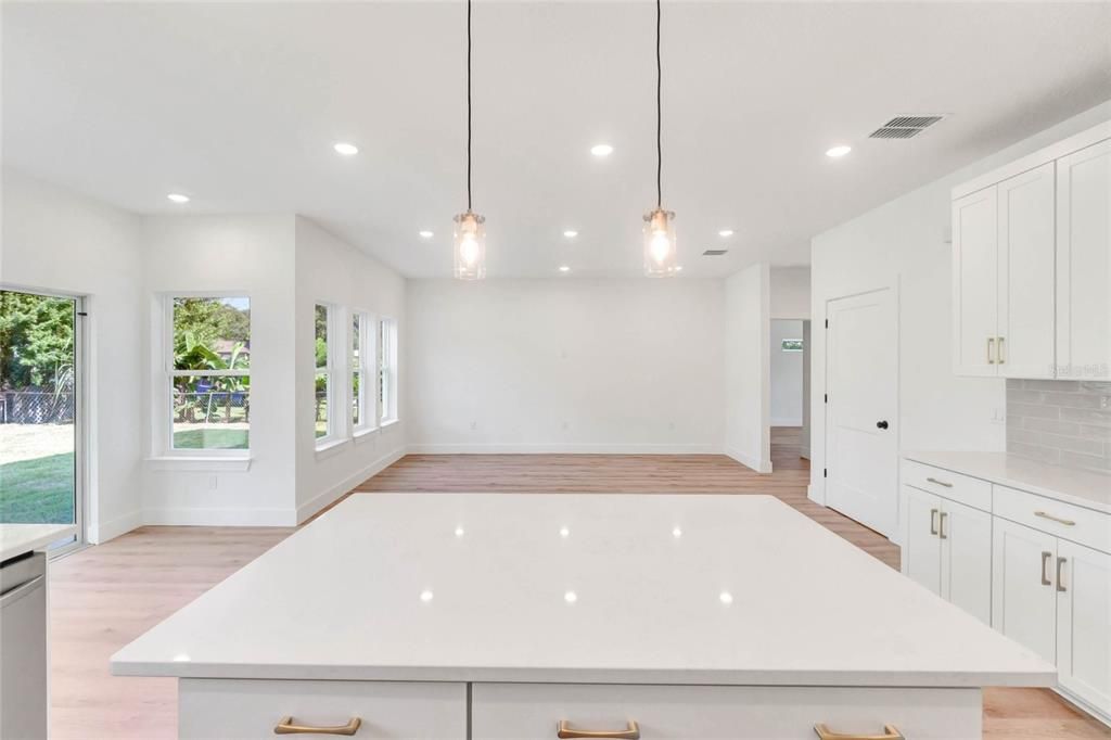 Empty room, Interior, Kitchen, Pendant Lights, Recessed Lighting, Wood Texture Flooring