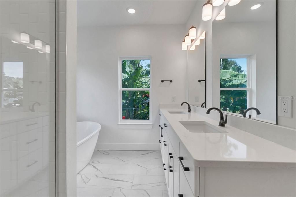 Bathroom, Dual Sink Vanities, Interior, Marble, Recessed Lighting