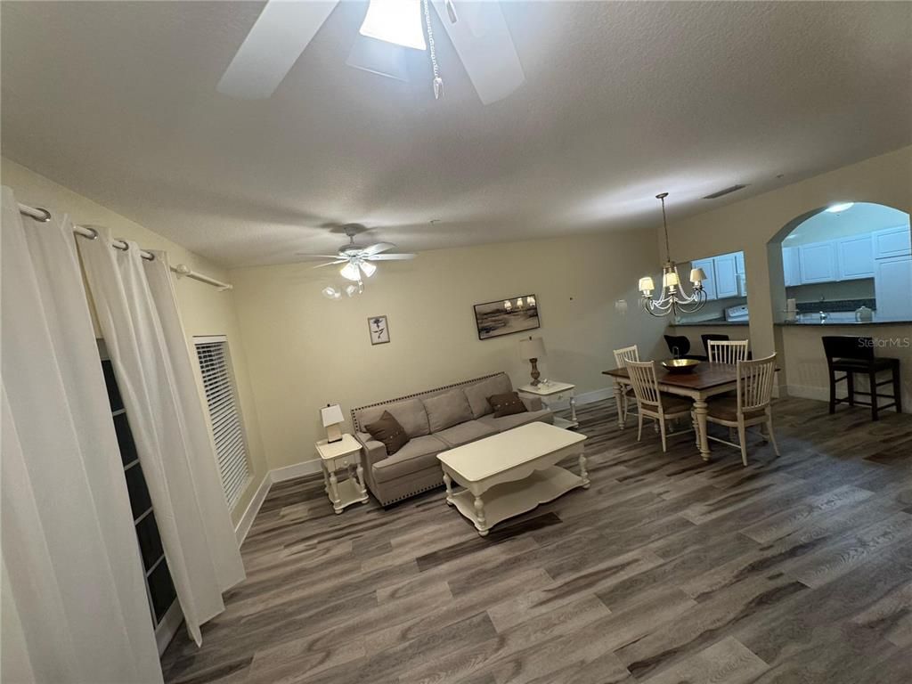 Dining room, Interior, Living room, Pendant Lights, Wood Texture Flooring