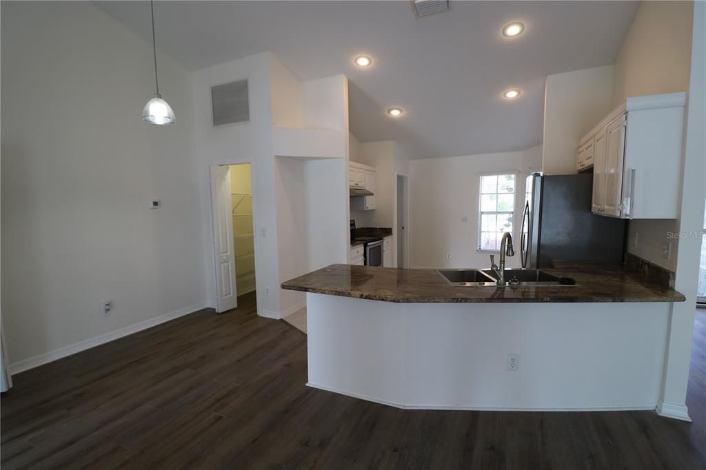 Interior, Kitchen, Pendant Lights, Recessed Lighting, Wood Texture Flooring