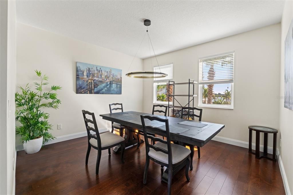 Dining room, Interior, Pendant Lights, Wood Texture Flooring