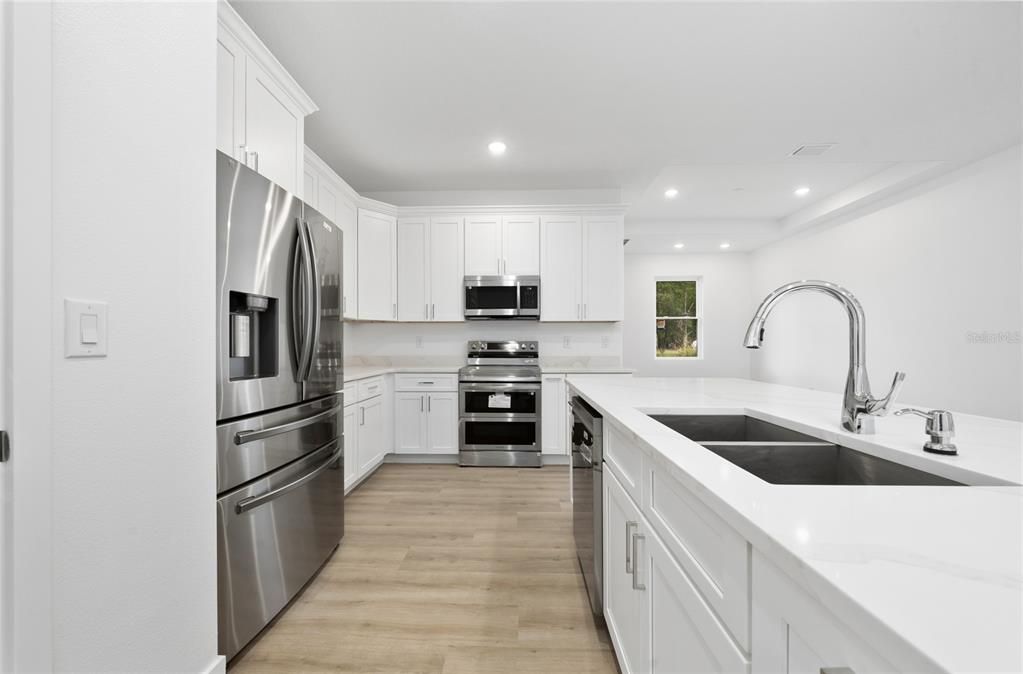 Interior, Kitchen, Recessed Lighting, Stainless Steel Appliances, Wood Texture Flooring