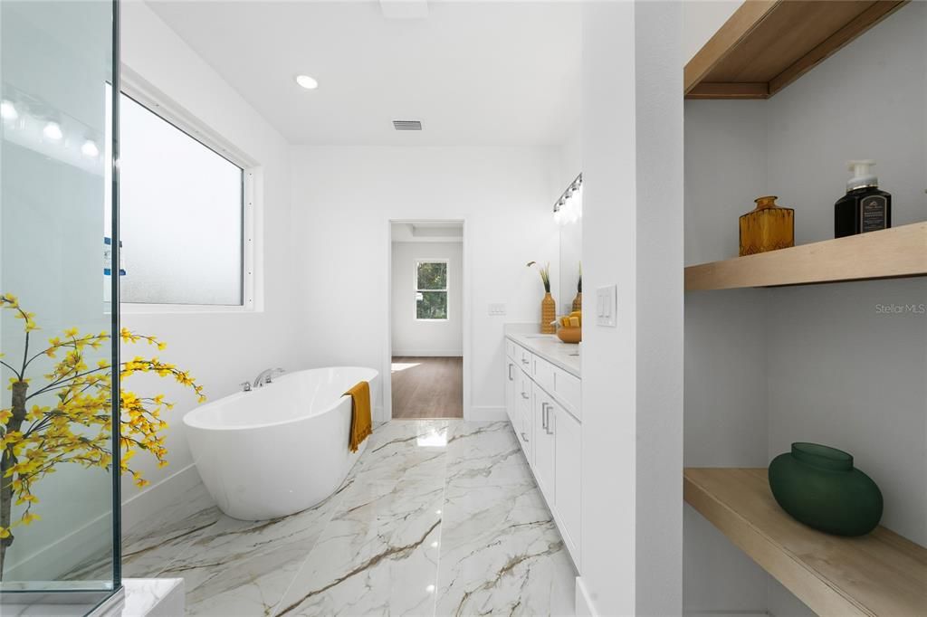 Bathroom, Free Standing Baths, Interior, Marble, Recessed Lighting