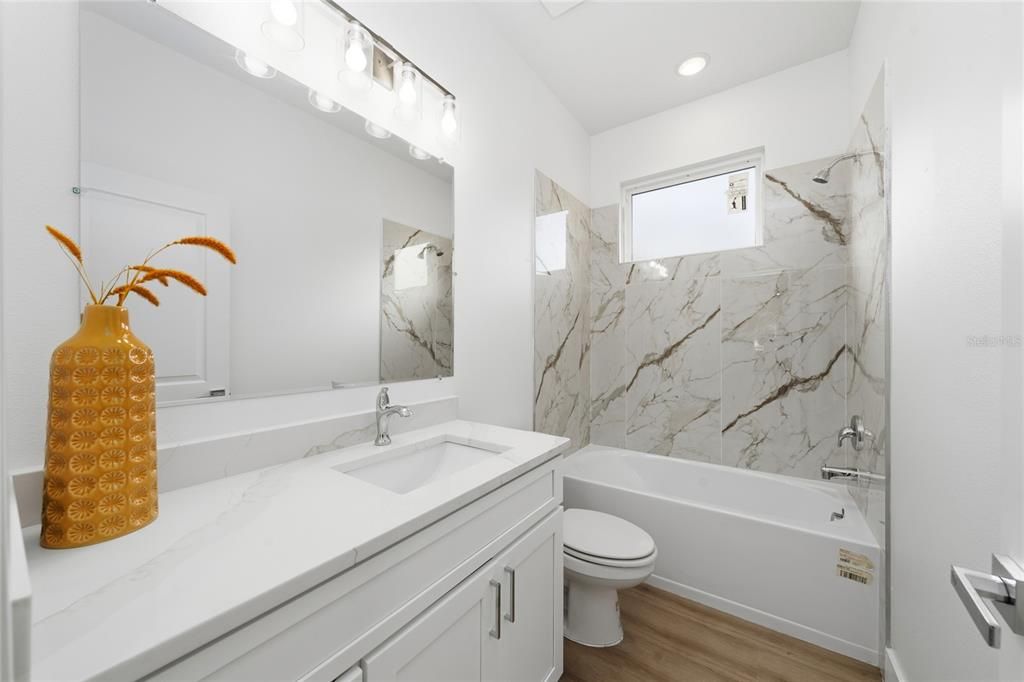 Bathroom, Interior, Marble Walls, Recessed Lighting, Wood Texture Flooring