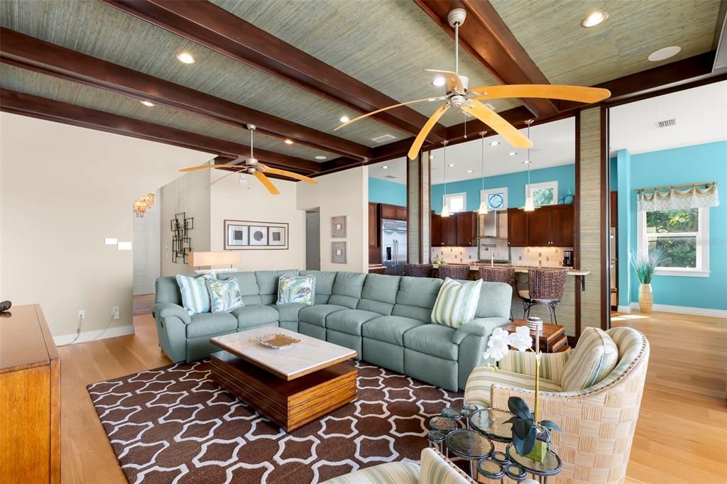 Interior, Kitchen, Living room, Recessed Lighting, Wooden Beams, Wooden Ceilings, Wood Texture Flooring