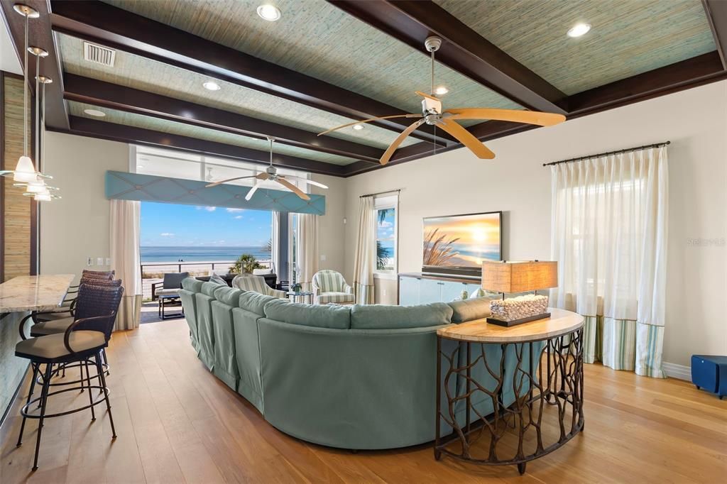 Interior, Living room, Pendant Lights, Recessed Lighting, Water, Wooden Beams, Wood Texture Flooring