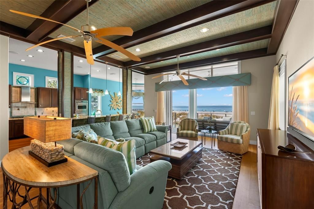 Interior, Kitchen, Living room, Pendant Lights, Recessed Lighting, Water, Wooden Beams, Wood Texture Flooring