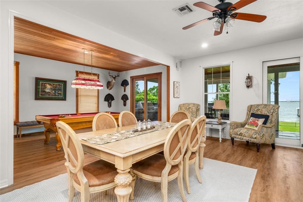 Billiard Table, Dining room, Game Room, Interior, Pendant Lights, Recessed Lighting, Water, Wood Texture Flooring