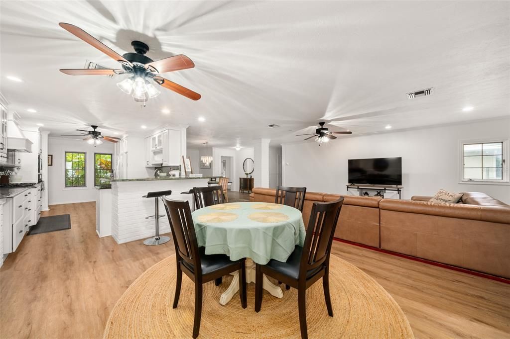 Dining room, Interior, Kitchen, Living room, Recessed Lighting, Wood Texture Flooring