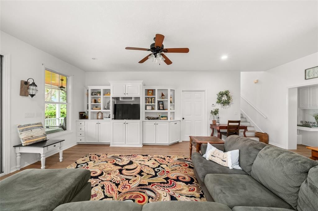 Dining room, Interior, Living room, Recessed Lighting, Wood Texture Flooring