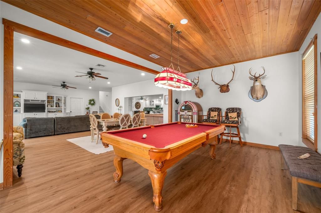 Billiard Table, Game Room, Interior, Pendant Lights, Recessed Lighting, Wooden Ceilings, Wood Texture Flooring