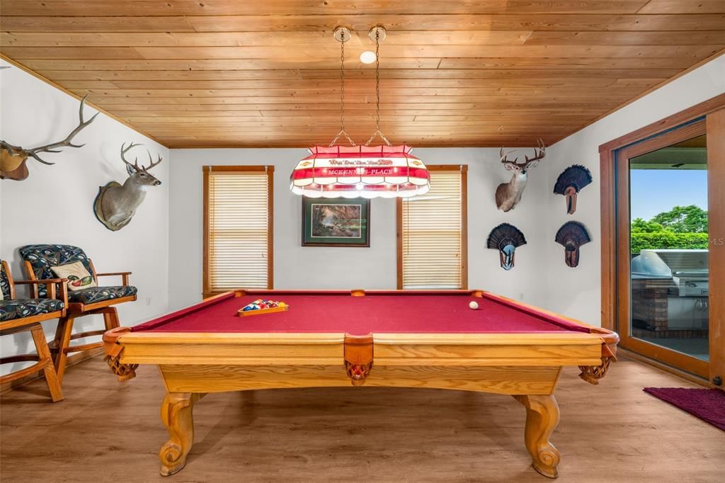 Billiard Table, Game Room, Interior, Pendant Lights, Wooden Ceilings, Wood Texture Flooring