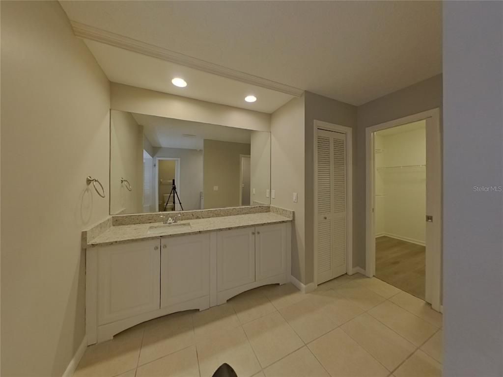 Bathroom, Dual Sink Vanities, Interior, Recessed Lighting, Wood Texture Flooring