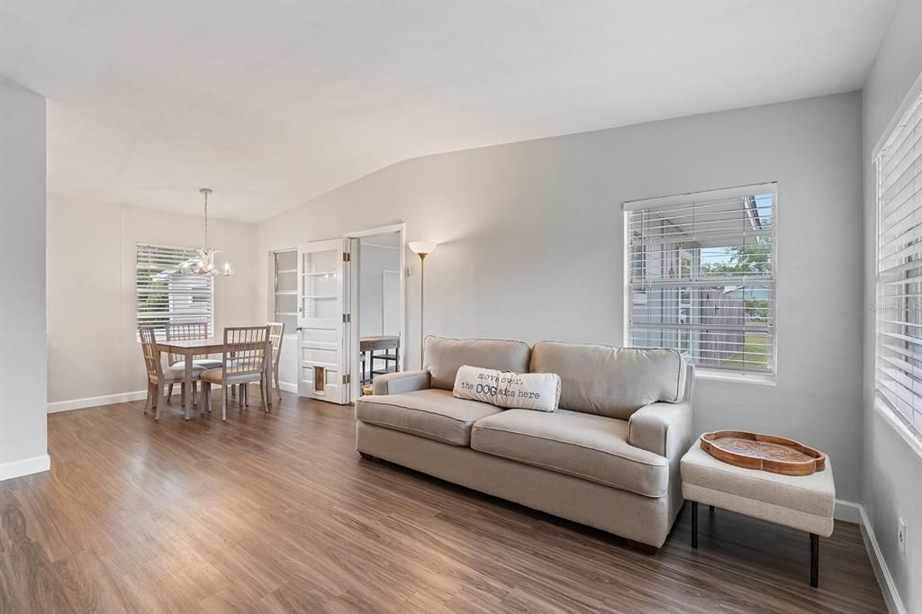 Dining room, Interior, Living room, Pendant Lights, Wood Texture Flooring