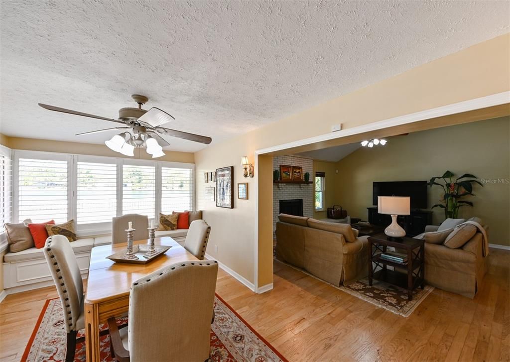 Dining room, Fireplace, Interior, Living room, Stone Walls, Wood Texture Flooring