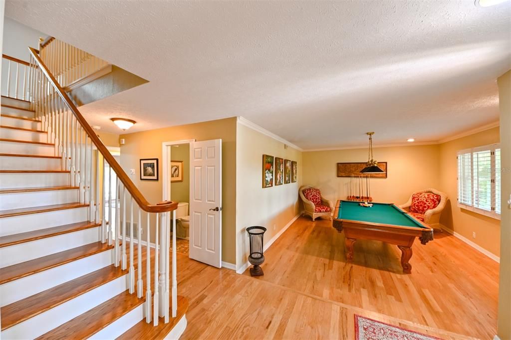 Billiard Table, Game Room, Interior, Recessed Lighting, Wood Texture Flooring