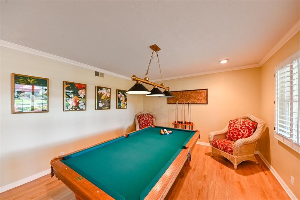 Billiard Table, Game Room, Interior, Pendant Lights, Recessed Lighting, Wood Texture Flooring