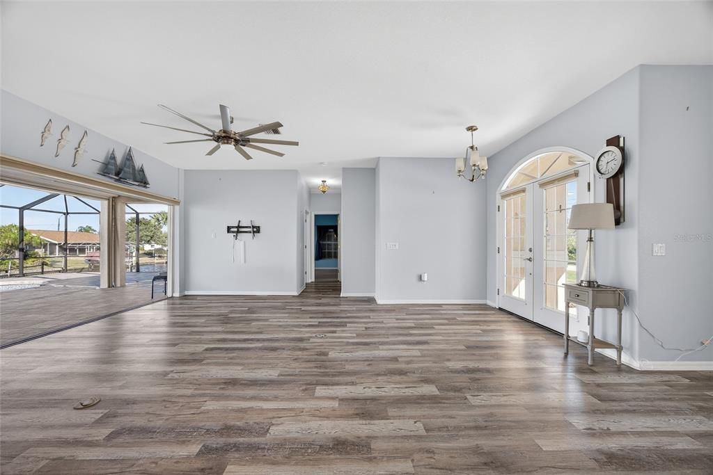 Empty room, Fireplace, Interior, Pendant Lights, Wood Texture Flooring