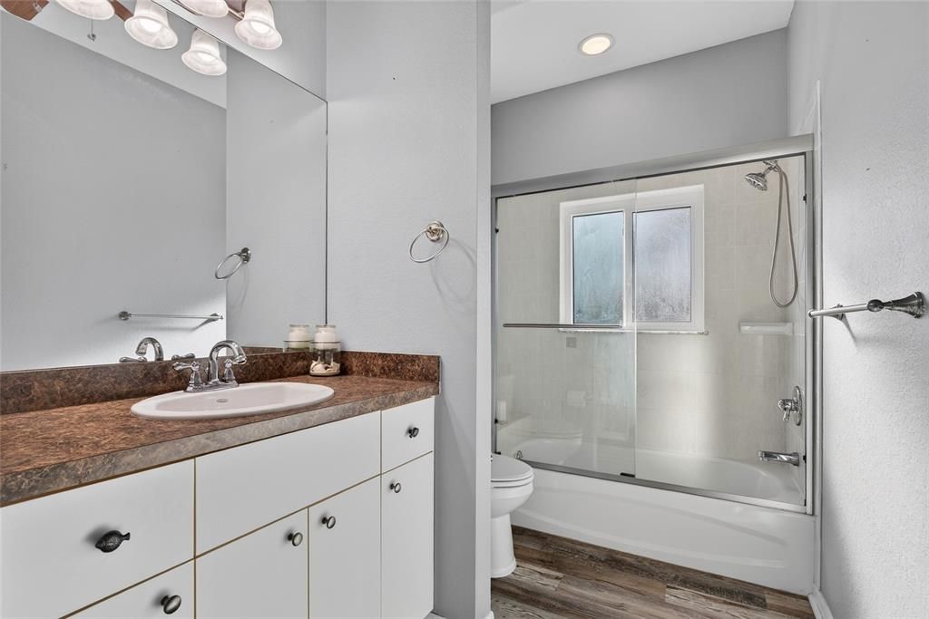 Bathroom, Glass Shower, Interior, Recessed Lighting, Wood Texture Flooring