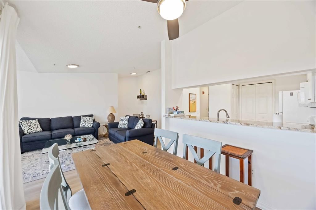 Dining room, Interior, Living room, Recessed Lighting, Wood Texture Flooring