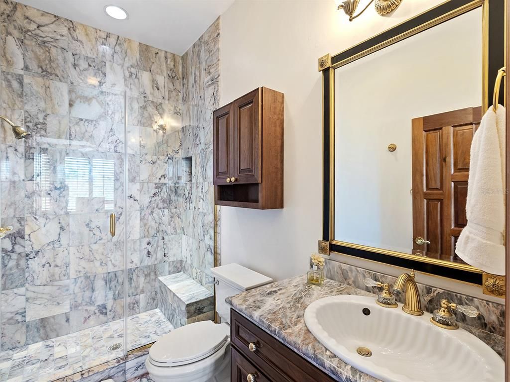 Bathroom, Glass Shower, Interior, Marble Walls, Recessed Lighting