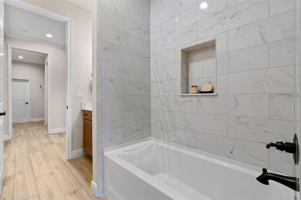 Bathroom, Interior, Marble Walls, Recessed Lighting, Wood Texture Flooring