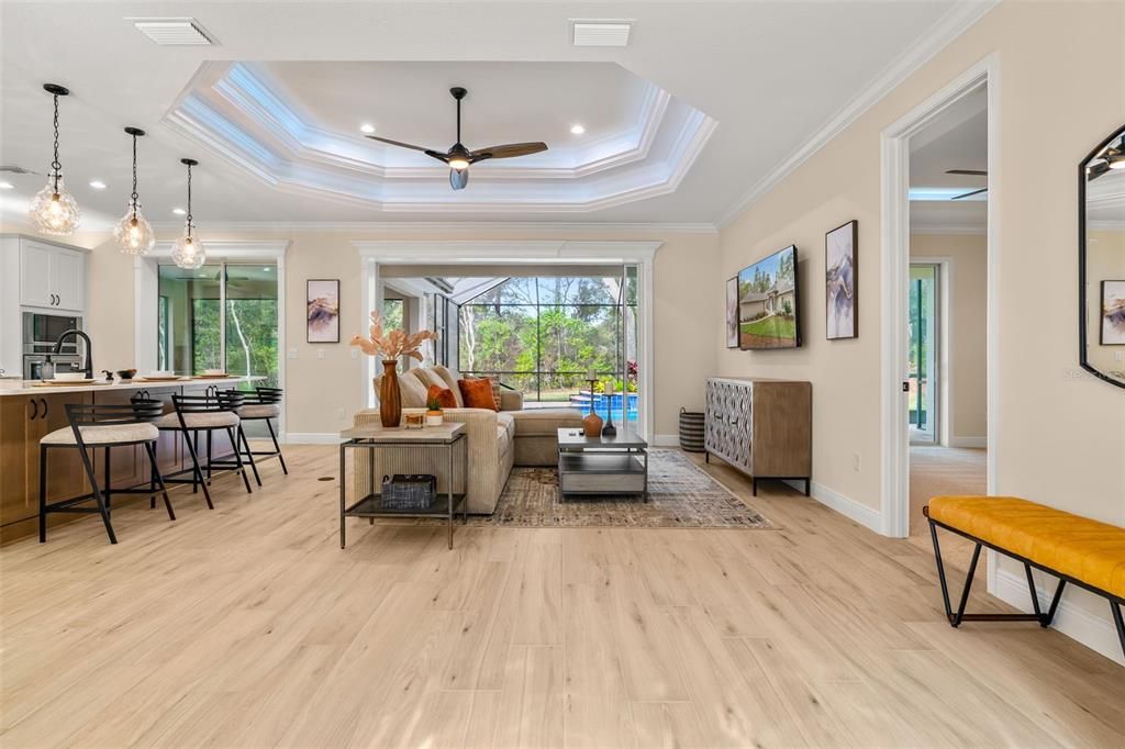 Interior, Kitchen, Living room, Pendant Lights, Recessed Lighting, Wood Texture Flooring