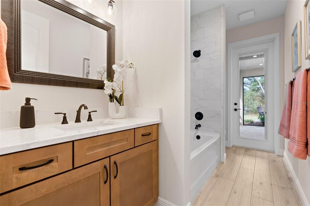 Bathroom, Interior, Marble Walls, Wood Texture Flooring