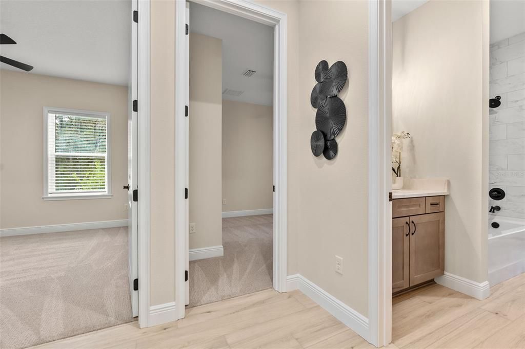 Bathroom, Interior, Marble Walls, Wood Texture Flooring