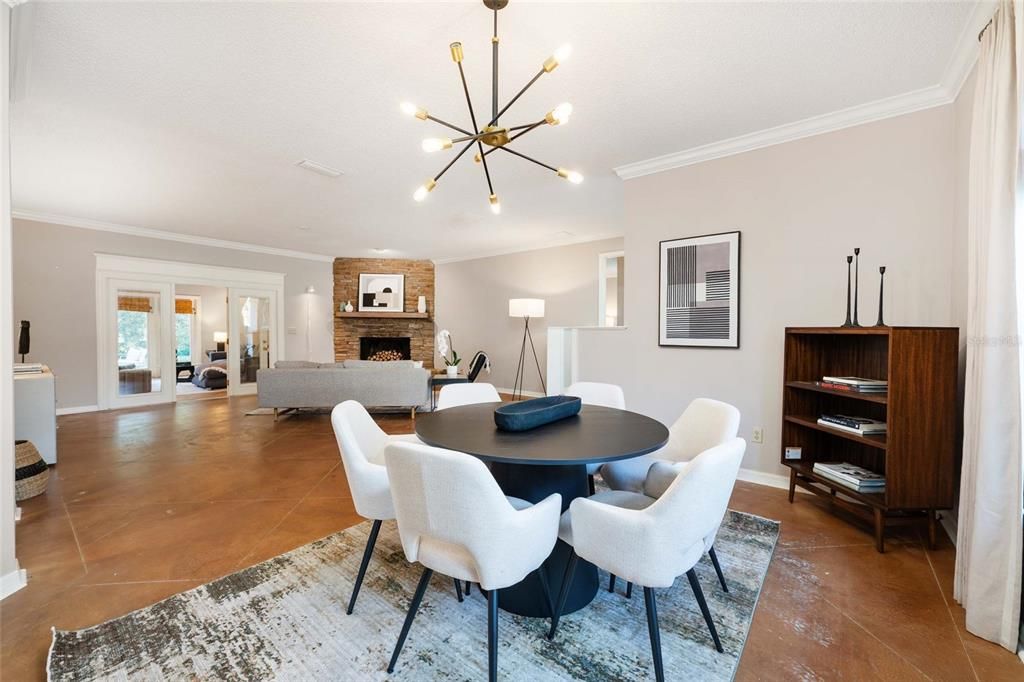 Dining room, Fireplace, Interior, Living room, Pendant Lights