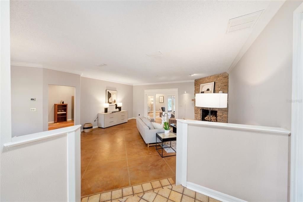 Fireplace, Interior, Living room, Recessed Lighting, Stone Walls