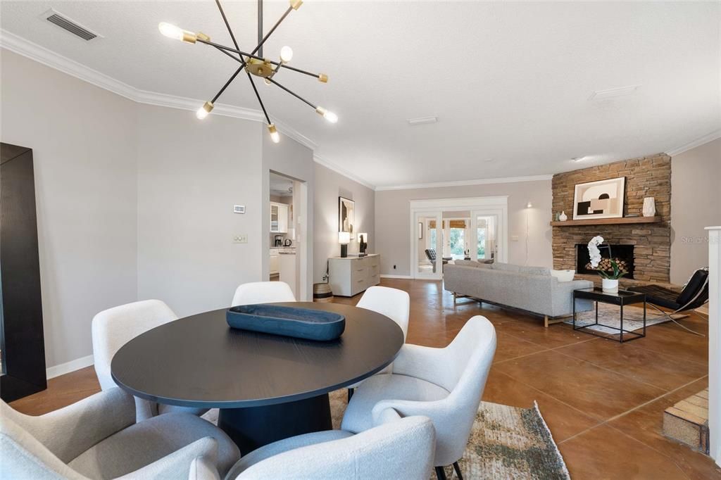 Dining room, Fireplace, Interior, Living room, Pendant Lights, Stone Walls