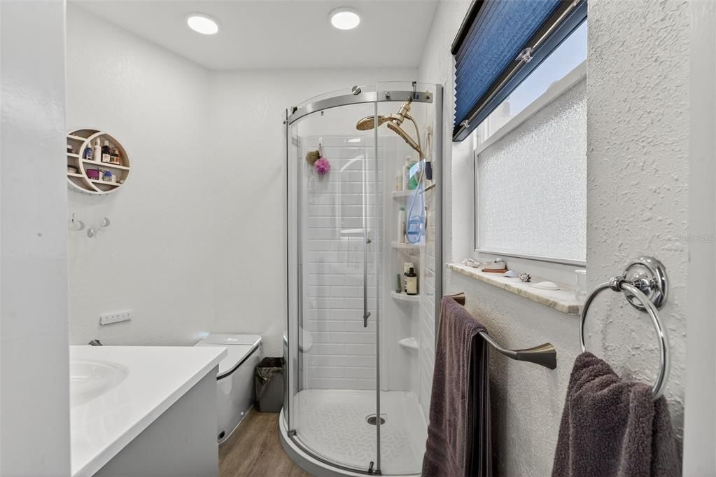 Bathroom, Glass Shower, Interior, Recessed Lighting, Wood Texture Flooring