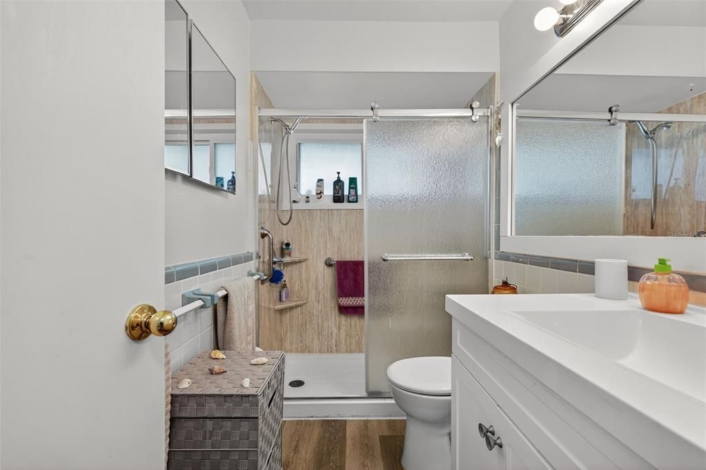 Bathroom, Glass Shower, Interior, Wood Texture Flooring