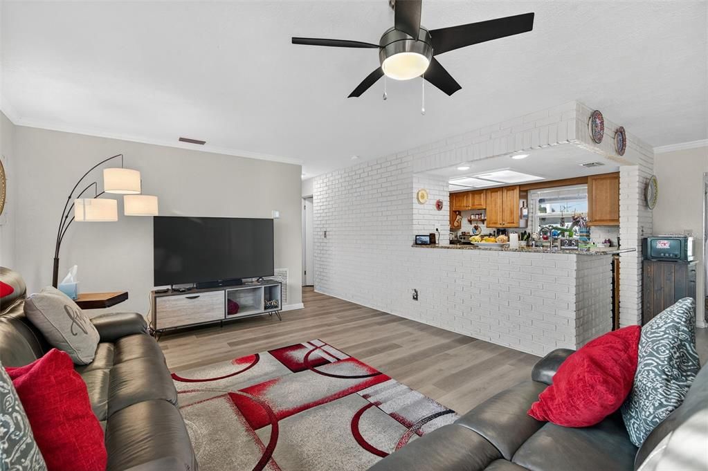 Interior, Kitchen, Living room, Stone Walls, Wood Texture Flooring