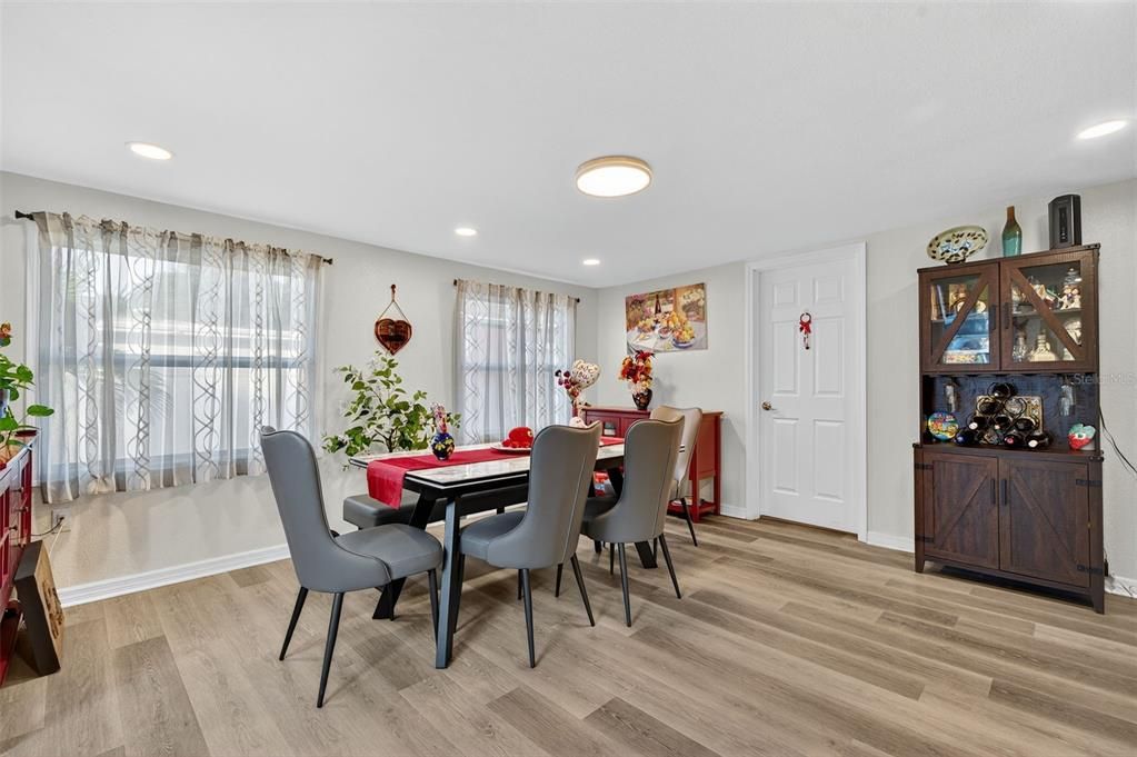 Dining room, Interior, Recessed Lighting, Wood Texture Flooring