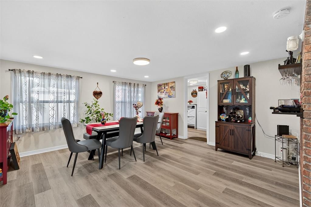 Dining room, Interior, Recessed Lighting, Wood Texture Flooring