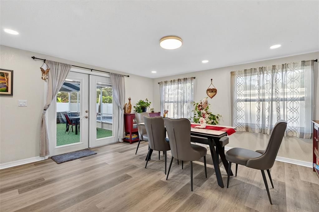 Dining room, Interior, Recessed Lighting, Wood Texture Flooring